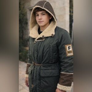 FERRE Teen Boys Green Hooded Parka with Real Fur Lining and Leather Inserts